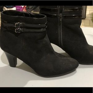 Black suede booties with double patent accent.